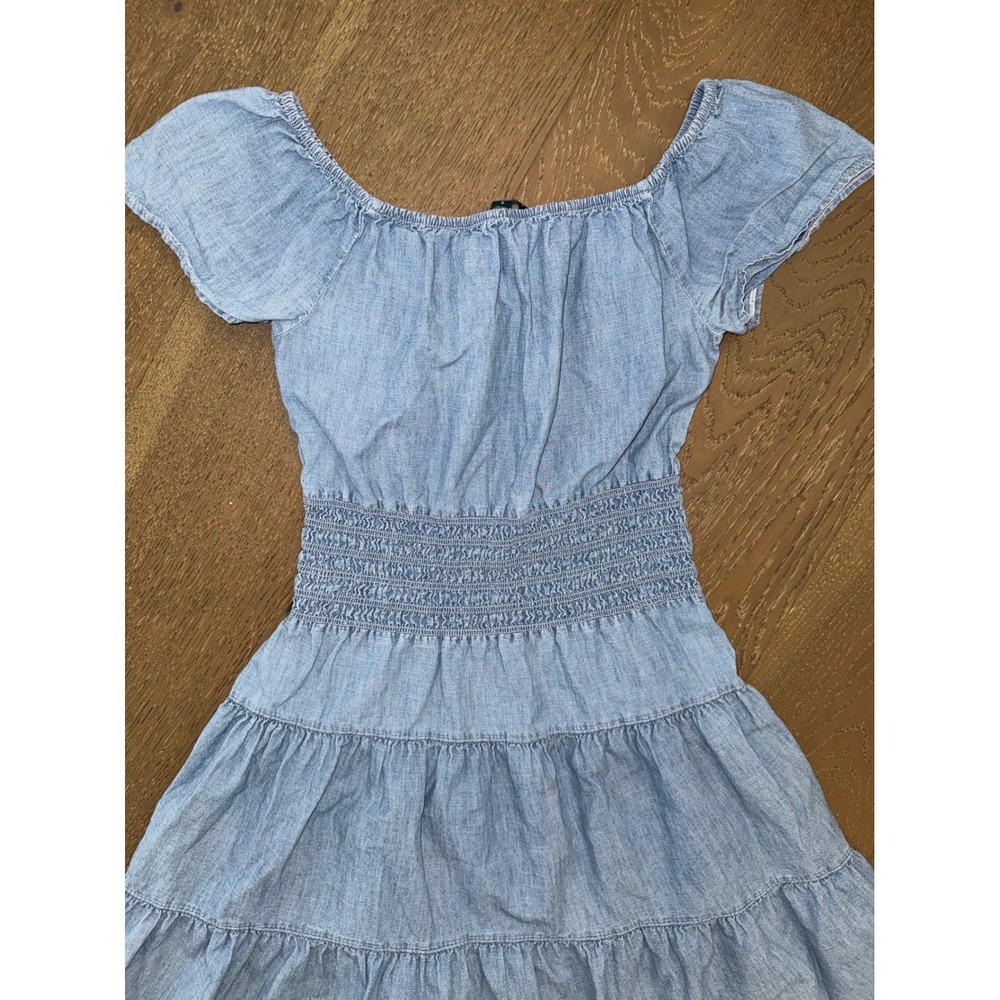 Lauren Ralph Lauren Chambray Off Shoulder Smocked Waist Tiered Mini Dress Blue 2 - Picture 3 of 5